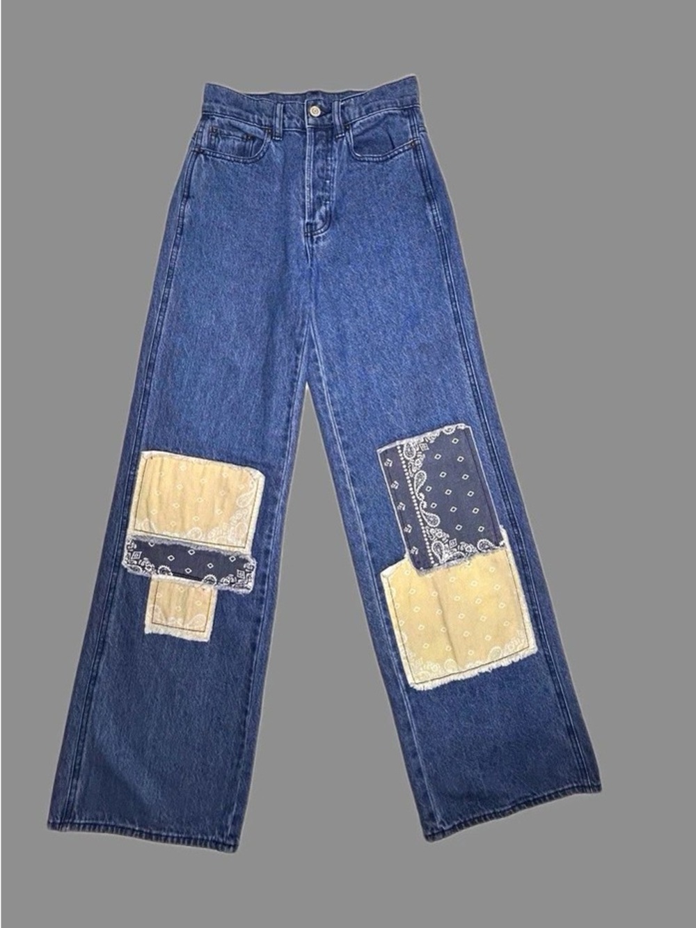 PacSun Blue Wide-Leg Jeans with Yellow & Navy Bandana Patches
